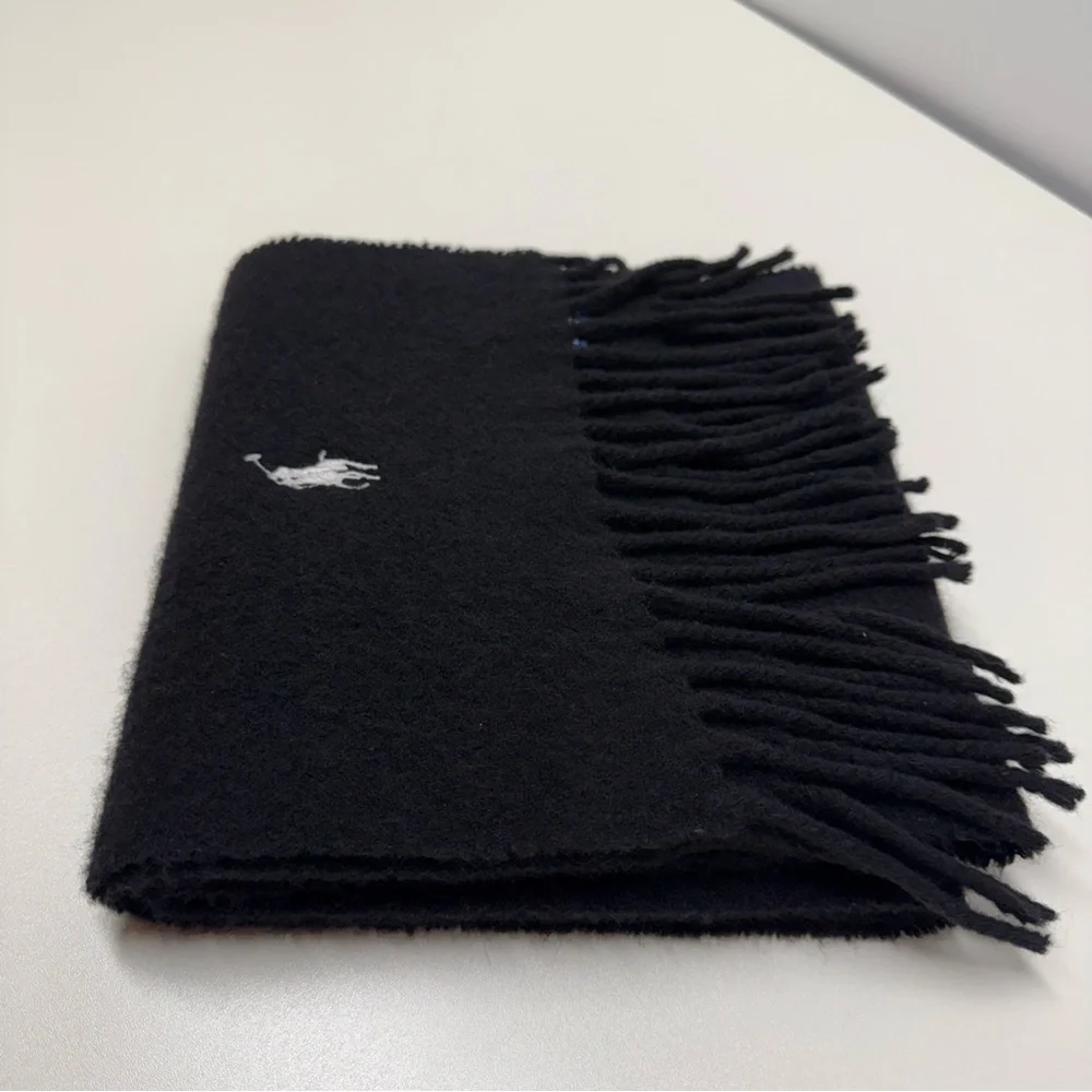 VTG Ralph Lauren Men’s Black 100% Lambswool Neck Scarf‎ Wool Made Italy Preppy